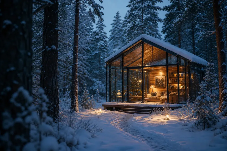 AI-generated glass cabin in a snowy forest