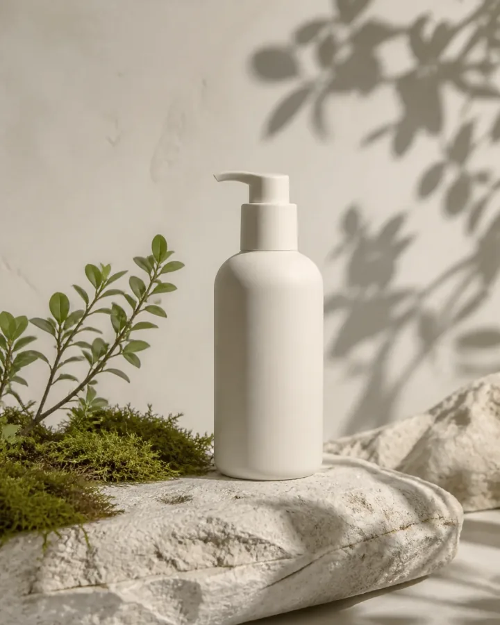 White product bottle on a warm stone surface