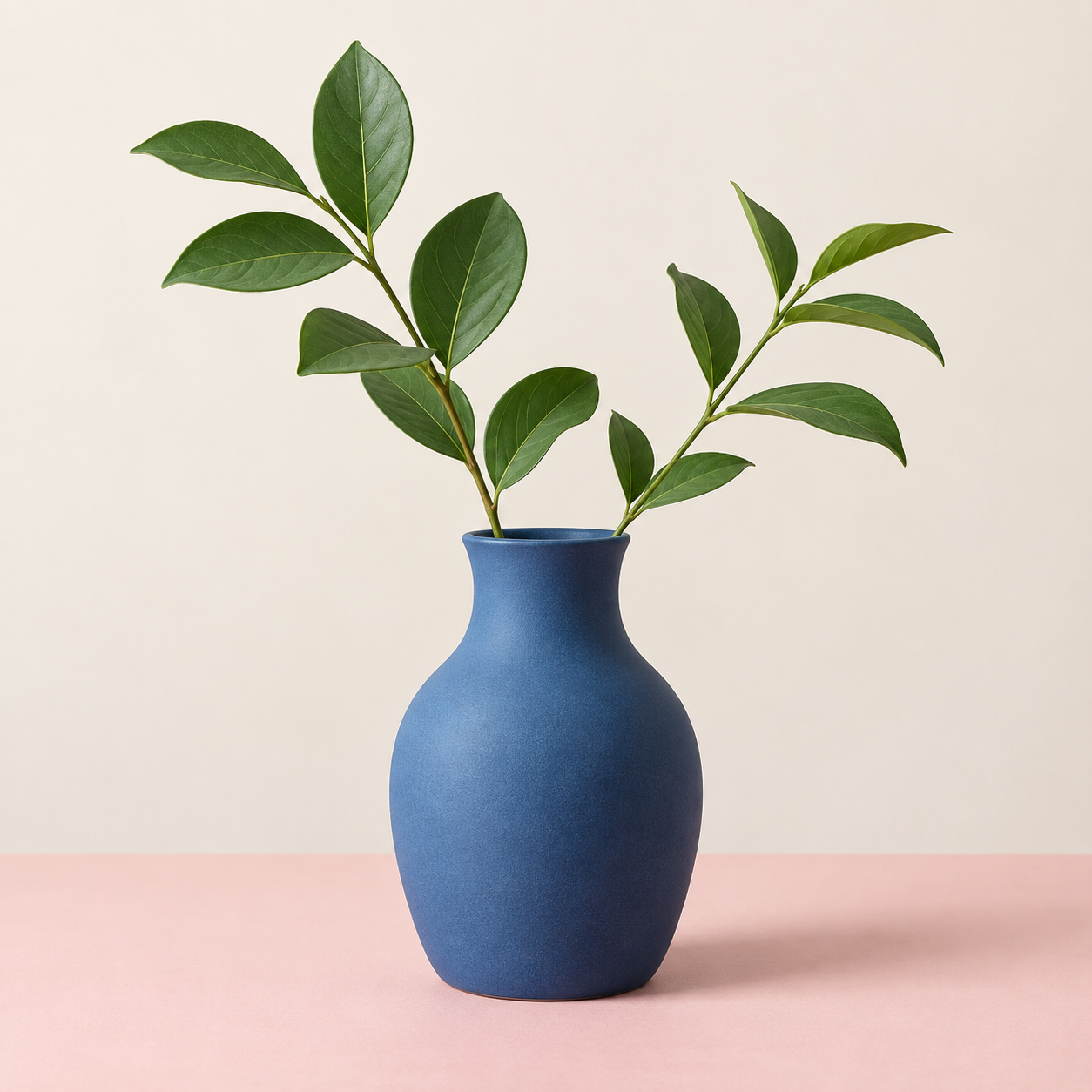 Blue vase on a pink surface